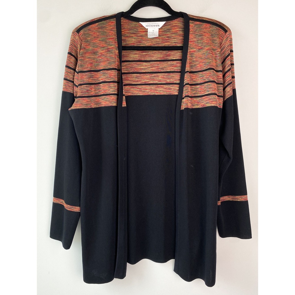 Misook Womens Cardigan M Black Multicolor Knit Open Front Shoulder Pads